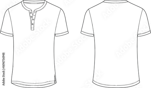 Henley t-shirt fashion flat sketch, short sleeve front and back view, vector template, button placket shirt design, casual wear