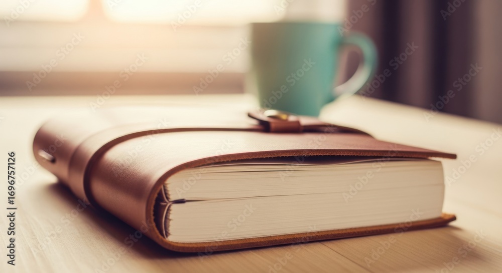 Fototapeta premium A Leather Bound Journal Sits On A Wooden Desk Next To A Mug