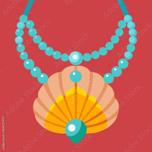 Elegant seashell necklace with radiant turquoise pearls, a stunning treasure for fashion designs, capturing oceanic charm, perfect for jewelry e-commerce and summer collections