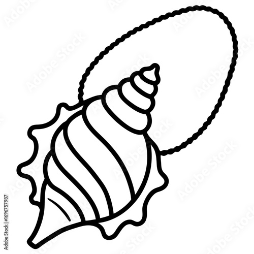 Line art drawing of an elegant conch shell necklace, perfect for summer jewelry designs, nautical themes, and coastal fashion branding, originally a scalable vector graphic