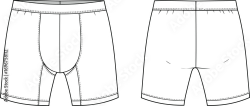 Men's boxer briefs fashion flat sketch, underwear technical drawing, front and back view, vector template, stretch fabric design, apparel