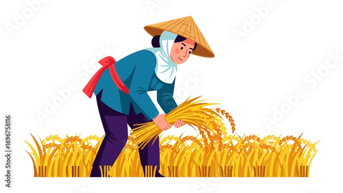 Harmony Harvest: A traditional female farmer skillfully reaps a bountiful crop of golden rice stalks in a field, with her iconic hat adding a touch of cultural authenticity.