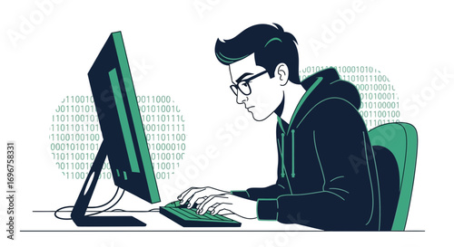 Concentrated Coder Working On Project With Binary Code Illustration In Retro Style