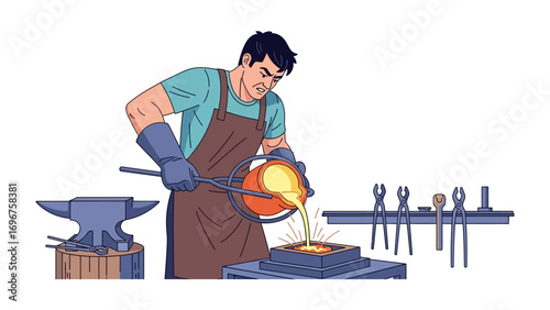 Artisan at Work: An artisan meticulously pouring molten metal with intense focus and skill, demonstrating the art of craftsmanship. The scene shows the artisan's dedication and expertise.
