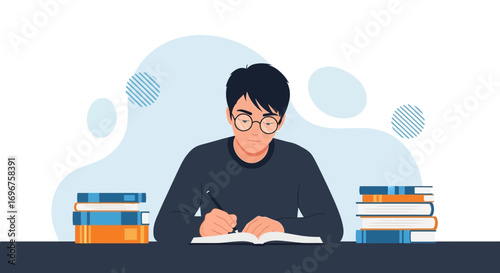 Concentrated Student Creating Notes, Studying For Examination With Piles Of Books Present
