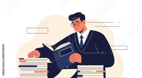 Concentrated Professional Reading Books Amidst Stacks of Paper for Thorough Understanding