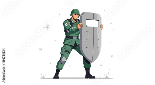 Confident Soldier Holding a Protective Shield in a Dynamic Action Pose Illustration