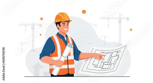 Construction Architect Examining Blueprints With Cranes in The Background Illustrated Scene