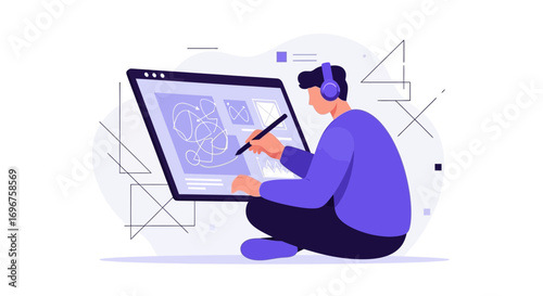 Digital Artist Creating Design on Tablet With Headphones and Geometric Elements