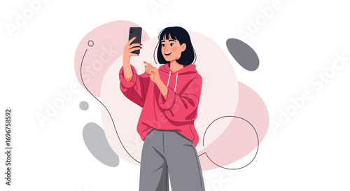 Digital Connection: A Woman Taking Selfie With Abstract Background And Smiling Face