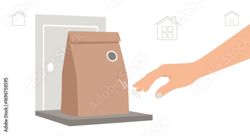 Contactless Food Delivery Service Concept With Doorstep Brown Bag And Human Interaction