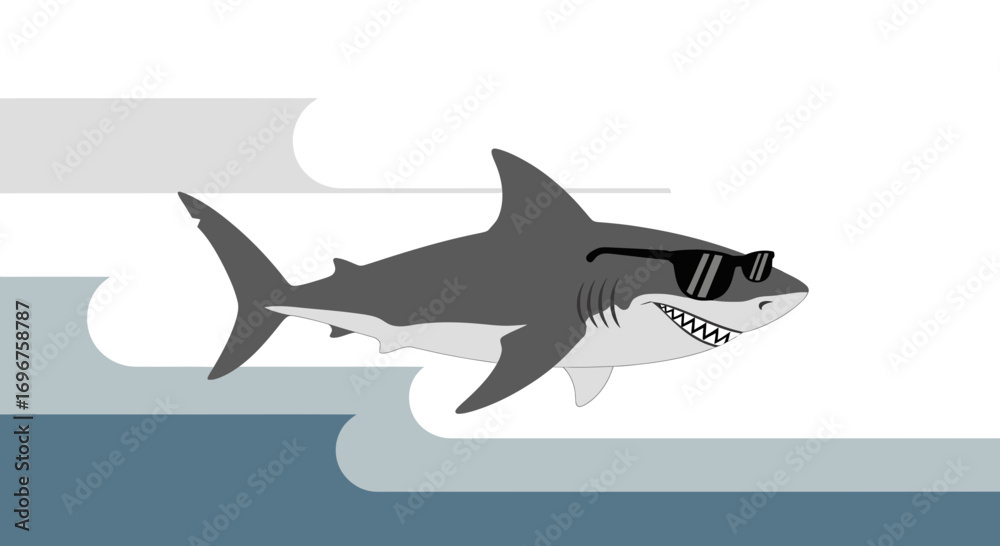 Naklejka premium Cool Shark in Sunglasses Floating Above Abstract Ocean Waves With Modernistic Design