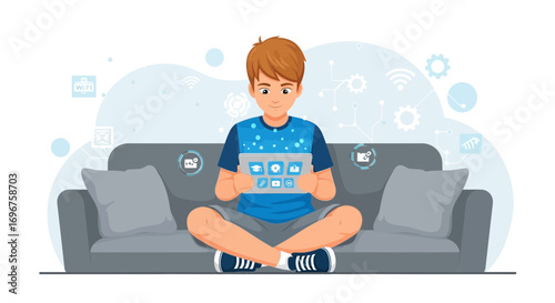 Content Creator Boy Uses Tablet in Modern Home for Online Study and Socializing