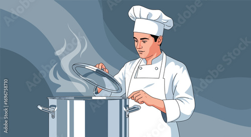 Cook Inspects Steam Rising From Stockpot in Kitchen While Wearing Chef's Hat and Apron
