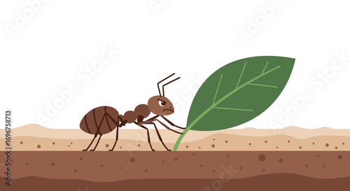 Diligent Ant laboriously Carrying a Large Leaf, Illustrating Hard Work and Perseverance