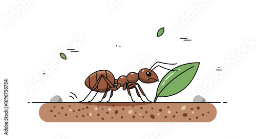 Diligent Ant Striving, Working To Carry, And Hauling a Large Lush Green Leaf