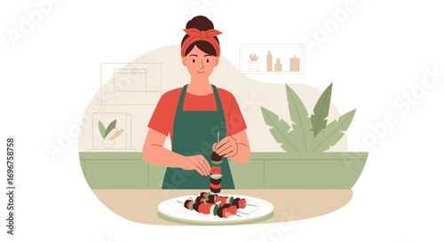 Cooking A Delicious Skewer In The Kitchen, Showing Summer Food, And Grilling Vegetables And Meat