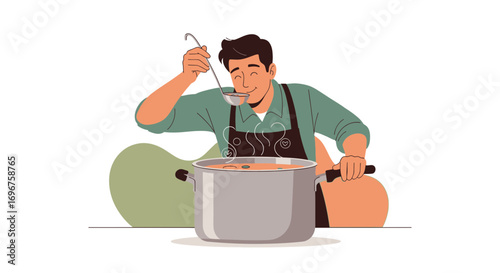Cook Tasting Soup With Joy, Culinary Adventure, Delightful Flavors, Home Cooking, Delicious Meal