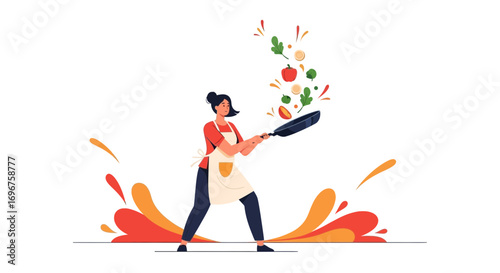 Cooking Food Preparing Woman Flipping Vegetables With a Pan in the Kitchen Illustration