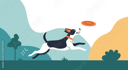Dog Joyfully Leaps for Frisbee Under Playful Sky During Outdoor Fun Session