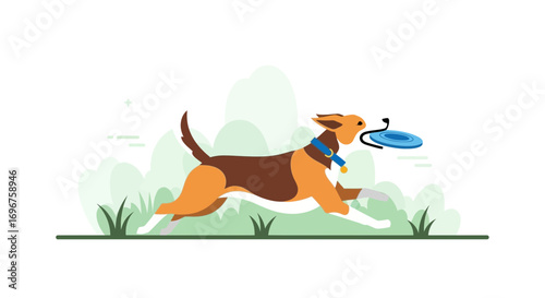 Dog Playing Outdoors Chasing Frisbee in a Vibrant Illustration of Joyful Activity