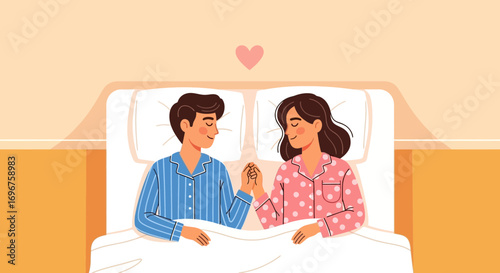 Couple Holding Hands In Bed, Sharing Intimate Moment, Symbolizing Love and Connection