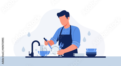 Domestic Chore Illustration Depicting Person Washing Utensils In Contemporary Style