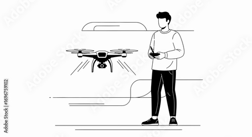 Drone Operator Controlling Quadcopter With Remote, Featuring Aerial Filming and Photography