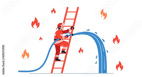 Courageous Firefighter Ascending Ladder Extinguishing Flames With Powerful Water Hose