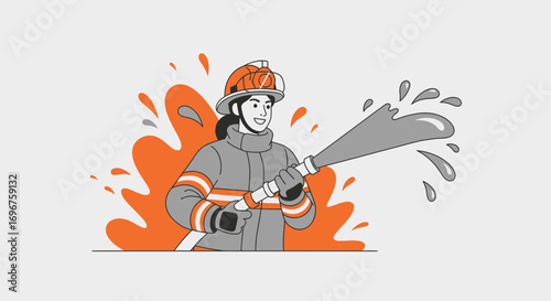 Courageous Firefighter Dousing Flames with Water, Heroic Effort Depicted in Illustration
