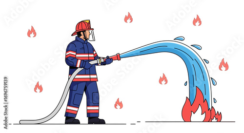 Courageous Firefighter Extinguishing Blaze with Water, Heroic Action, Safety Illustration
