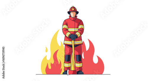 Courageous Firefighter Standing Tall With Axe Amidst Flaming Inferno Disaster.