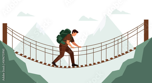Courageous Trekker Crossing a Suspended Bridge Over Mountainous Terrain Adventure