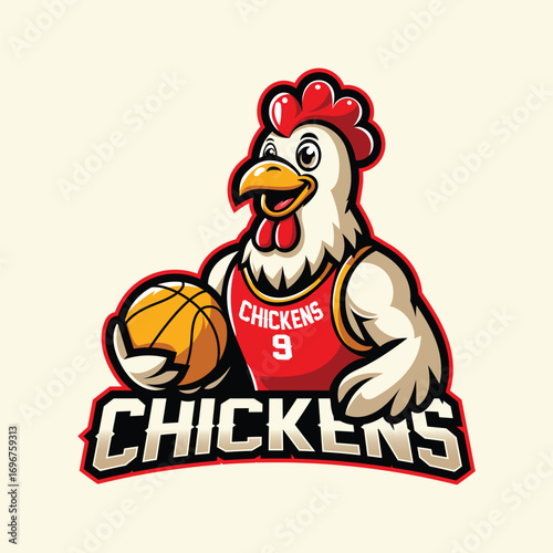 Basketball chicken mascot logo holding ball in red jersey for sports team identity