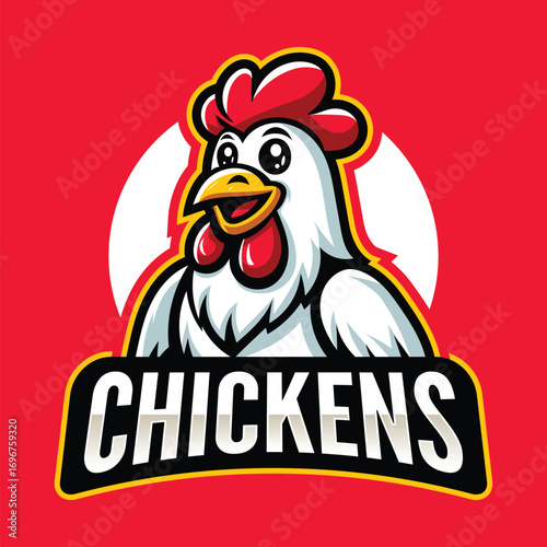 Happy rooster mascot logo in cartoon style with red background for sports branding