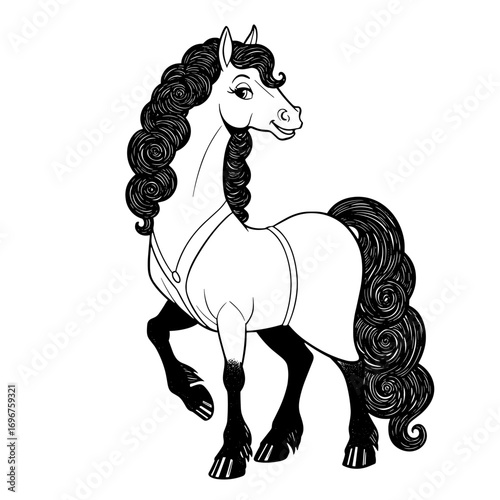 Black and white pony with curly mane in playful pose for T-shirt print  