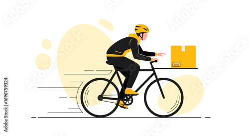 Courier Delivering Parcel On A Bicycle In Fast Motion, With Stylish Yellow Accents