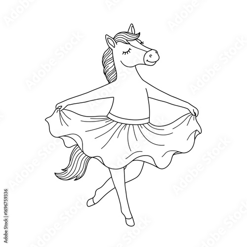 Cartoon unicorn dancing in a tutu for print on T-shirt - year of the horse  