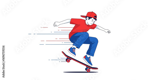 Dynamic Illustration Of Boy Performing Skateboarding Trick Against Blank Backgrounds