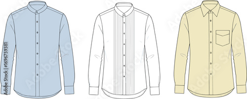 Men's shirt fashion flat sketch, mandarin collar, tuxedo shirt, button down shirt, vector template, front view, garment design