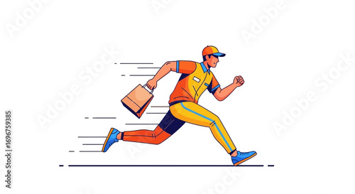 Courier Delivery Swiftly Moving With Order Package Against White Background