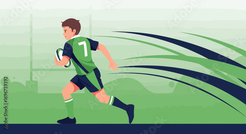 Dynamic Illustration Of Player In Action Running With The Rugby Ball In The Field,