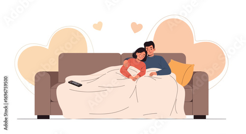 Cozy Couple Relaxing Under Blanket On Sofa Watching Television, Enjoying Moments