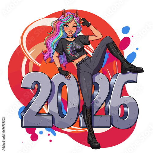 Young woman with colorful hair posing on 2026 background, concept of T-shirt print - Year of the Horse  