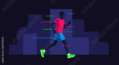 Dynamic Runner Silhouette With Geometric City Background Demonstrates Energetic Movement