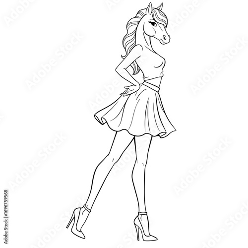 Stylized unicorn wearing a skirt and high heels in fashion pose - Concept of T-shirt print - Year of the Horse  