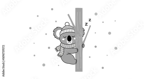 Cozy Koala Snoozing In The Snow While Wearing Winter Clothes And Hat For Comfort