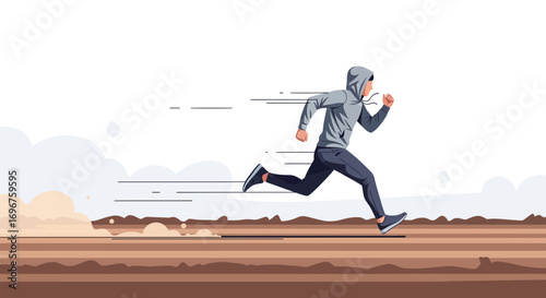 Dynamic Running Man Action Depicted In Motion Across A Landscape Background