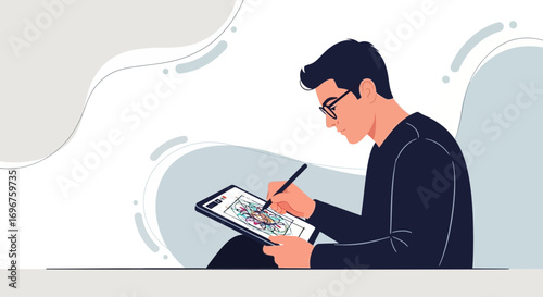 Creative Artist Concentrating On Digital Illustration, Sketching On His Tablet Device