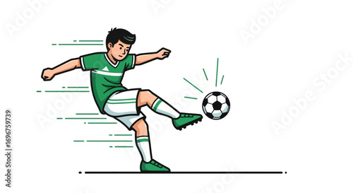 Dynamic Soccer Player Kicking Ball with Motion Lines in a Playful Illustration